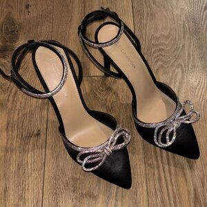 BCBG black crystal bow wrap heels